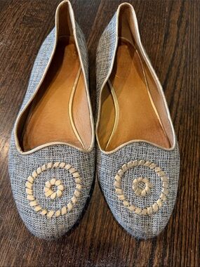 Jack Rogers Gray Tweed Slip-On Flats with Gold Embroidery